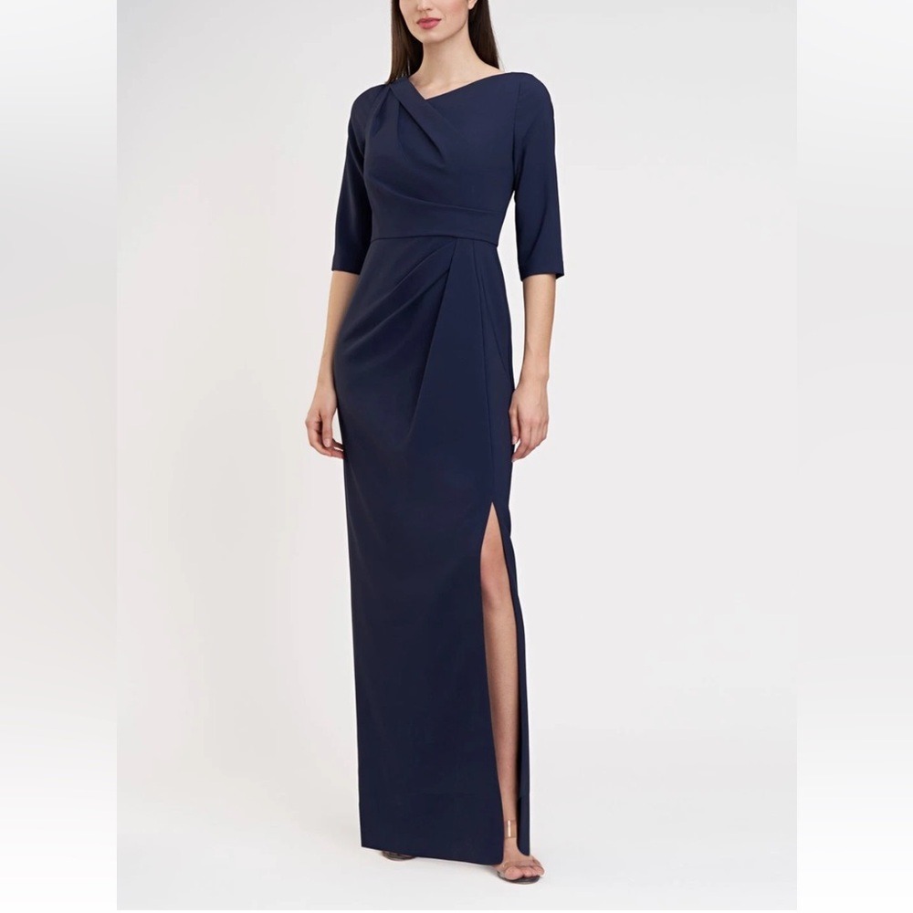 Kay Unger Margerite Navy Draped Column Gown Formal Maxi Dress Size 6 NWT